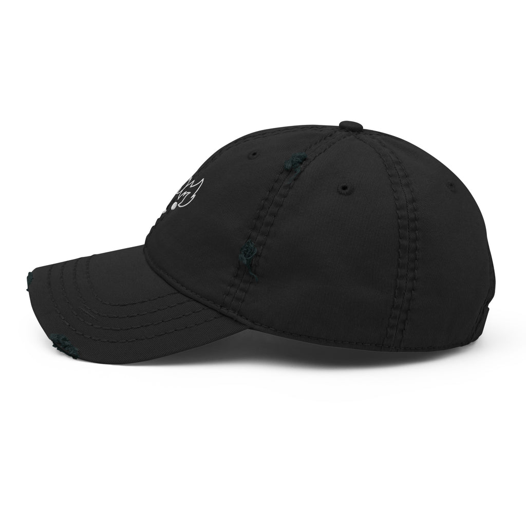 Black baseball cap with a small logo on a white background